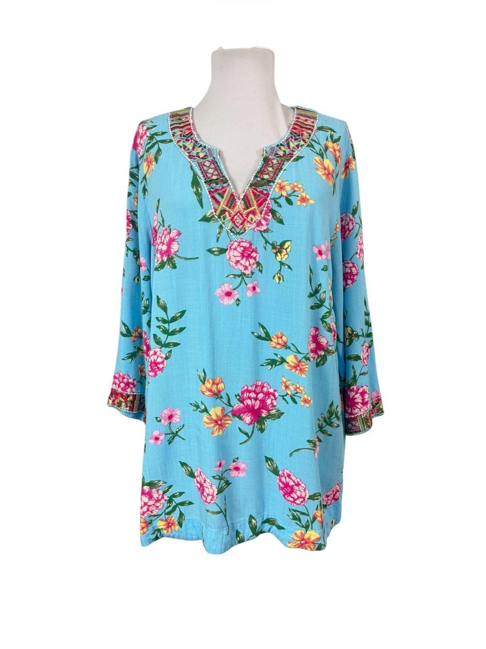 Belle Kim Gravel Medium Tunic Blouse Floral Blue Pink Embroidered Boho V-Neck